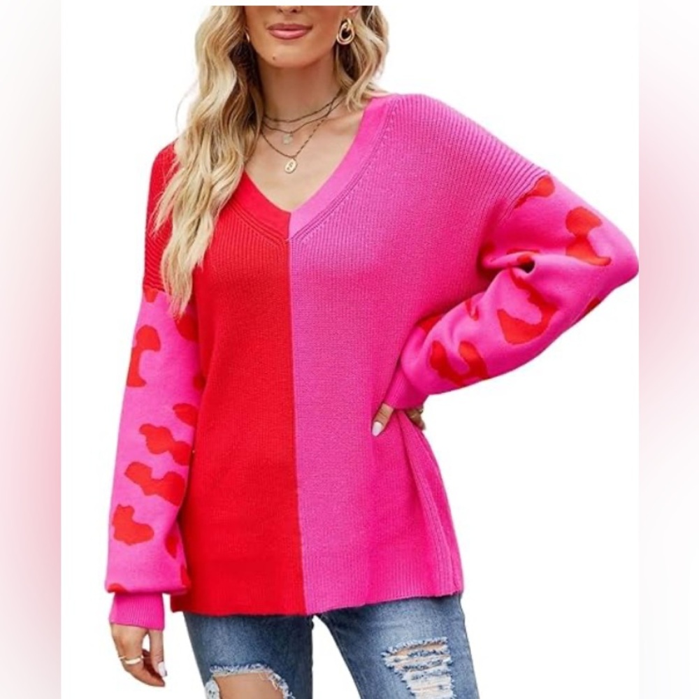 Long Sleeve Color Block V-Neck Sweater with Leopard Print Sleeves - Picture 2 of 9